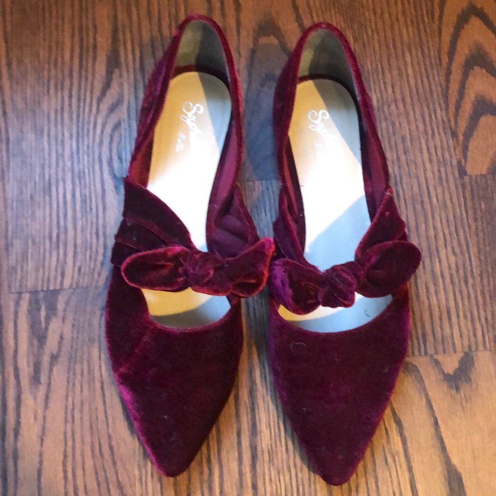 SEYCHELLES burgundy velvet pointy toe bow flats